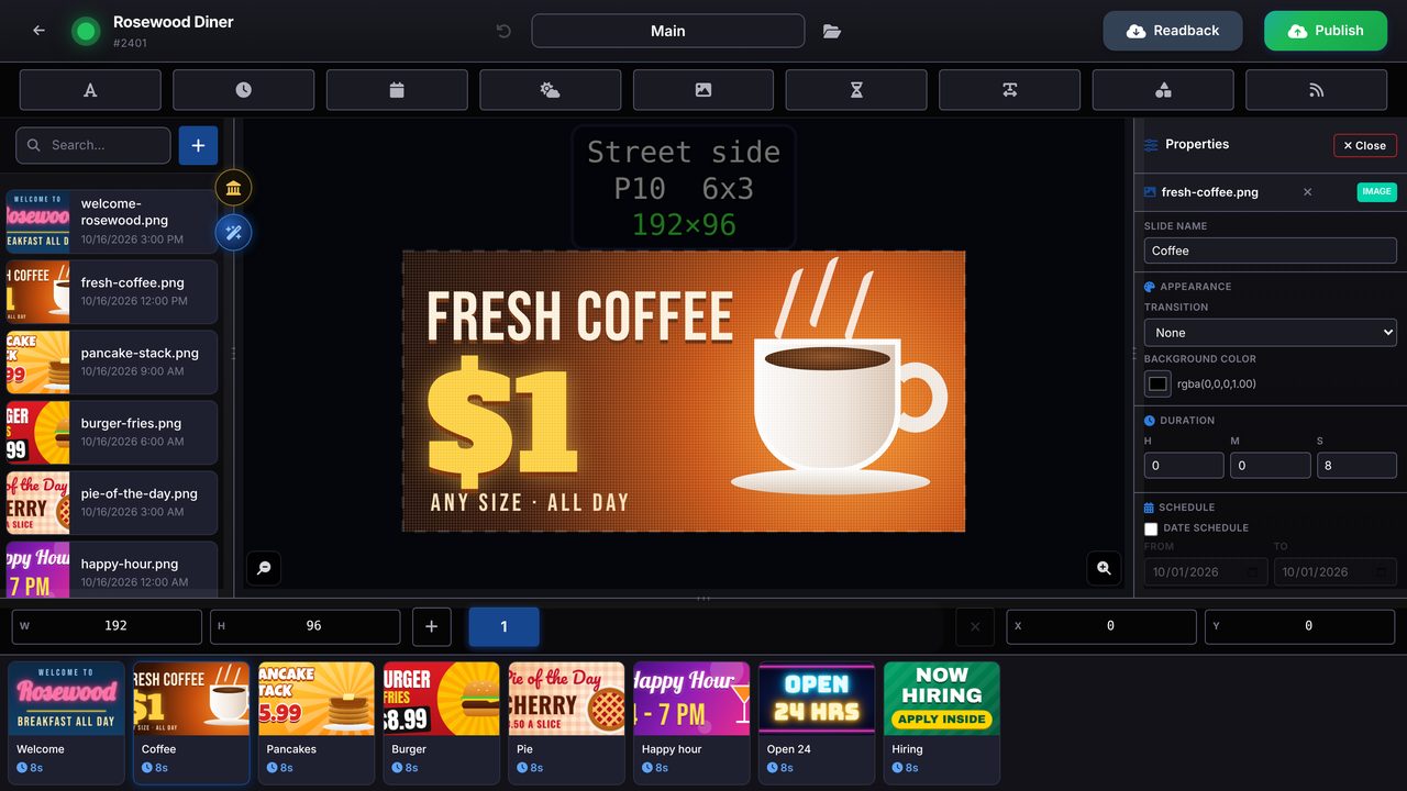 HCI LED playlist editor: a Fresh Coffee $1 slide on the LED sign canvas, the media library and a timeline of eight slides