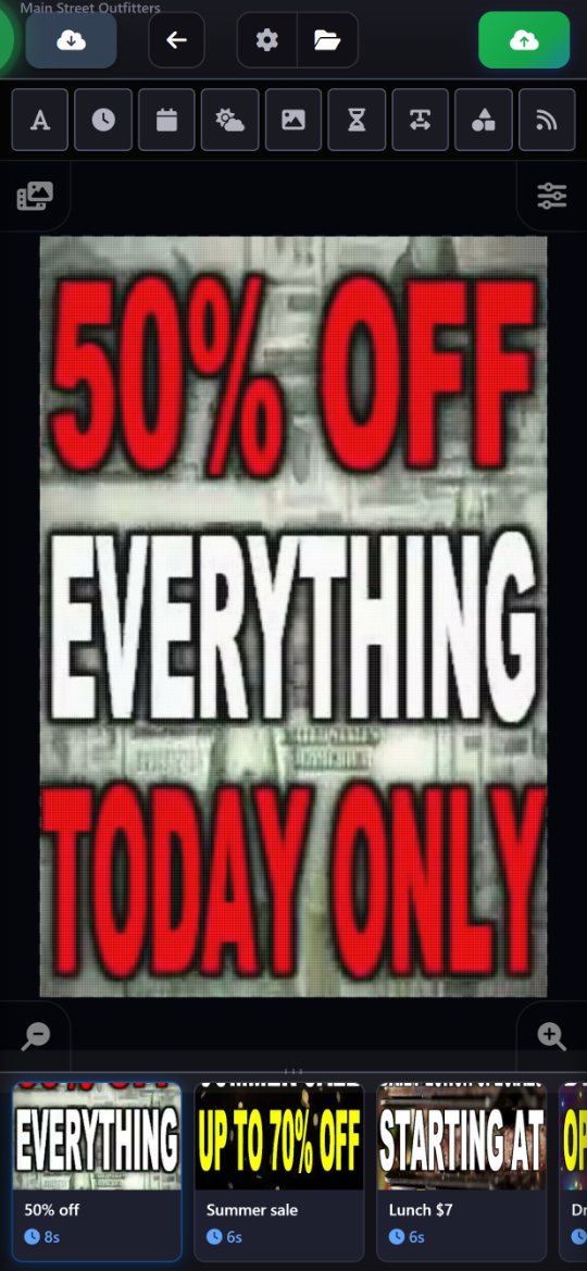 The HCI LED playlist editor on a phone, with a 50% Off Everything Today Only animation on a tall sign