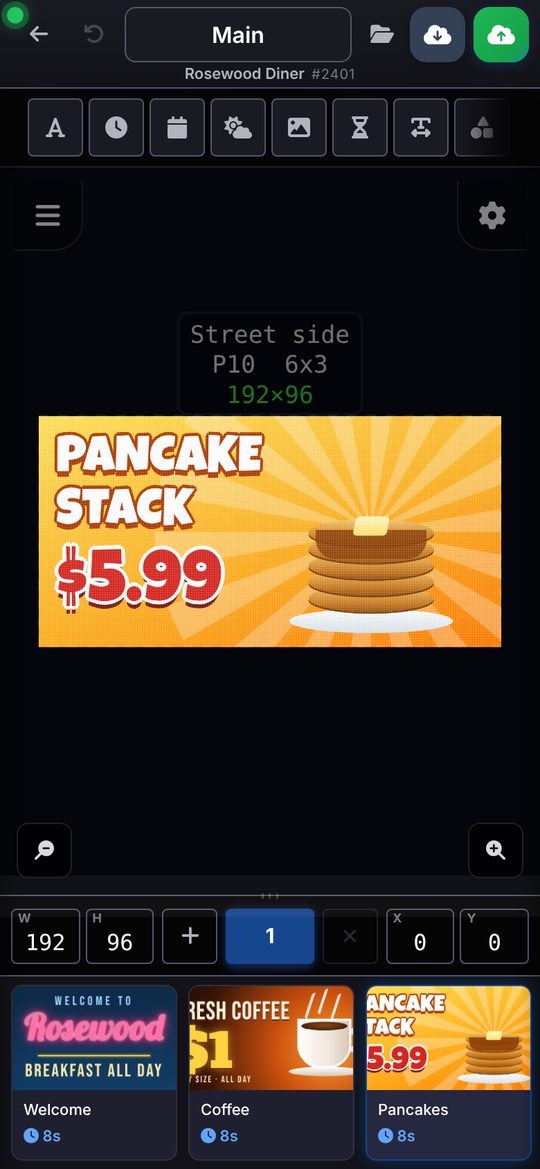 The HCI LED playlist editor on a phone, with a Pancake Stack $5.99 slide on the sign